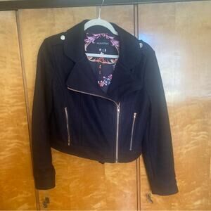 MINKPINK Black Biker Jacket Crop Wool Rose Gold Heavy Duty Zipper Floral Lining